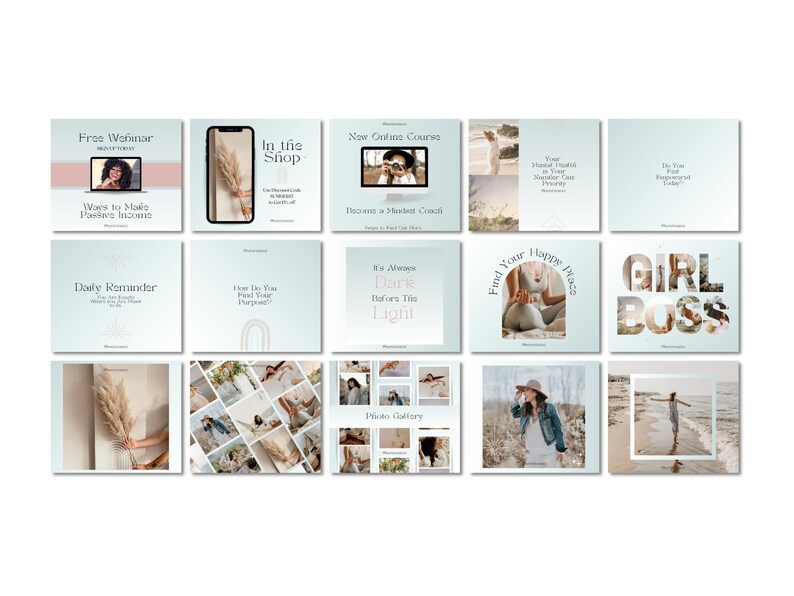 May include: A collage of 16 Instagram story templates with a light blue background. The templates feature text such as "Free Webinar", "Ways to Make Passive Income", "In the Shop", "New Online Course", "Become a Mindset Coach", "Daily Reminder", "How Do You Find Your Purpose?", "It Always Dare Before The Light", "Find Your Happy Place", "Girl Boss", "Photo Gallery", "Your Mental Health is Your Number One Priority", "Do You Feel Empowered Today?", and images of a woman, a phone, a beach, and a rainbow.