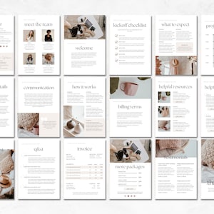May include: A digital marketing guide with a neutral color palette. The guide includes sections on about me, meet the team, welcome, package details, communication, how it works, what's next, Q&A, invoice, kickoff checklist, what to expect, project timeline, helpful resources, billing terms, testimonials, more packages, and thank you.
