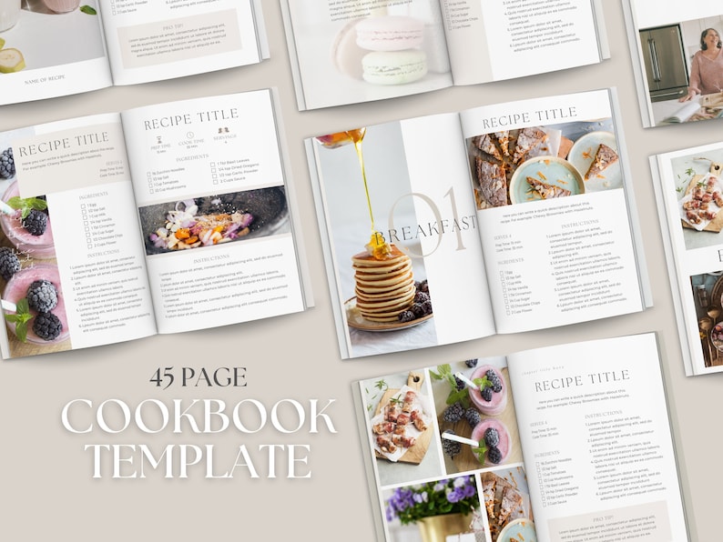 May include: A 45-page cookbook template with a white background and a light gray border. The template features a variety of images of food, including pancakes, smoothies, and pastries. The text "45 Page Cookbook Template" is written in a large, bold font at the bottom of the page.