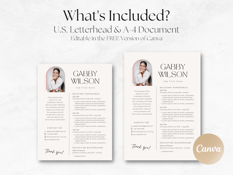 Puede incluir: Una plantilla de curr&iacute;culum con un dise&ntilde;o moderno que presenta una combinaci&oacute;n de colores rosa y blanco. La plantilla incluye una foto de una mujer, informaci&oacute;n de contacto, experiencia relevante y formaci&oacute;n acad&eacute;mica. El texto "GABBY WILSON" se encuentra en la parte superior del curr&iacute;culum. El texto "Canva" est&aacute; en la esquina inferior derecha de la imagen.