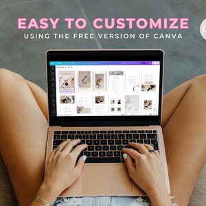 May include: A person using a laptop computer with a Canva design open on the screen. The text on the screen reads "Easy to customize using the free version of Canva".