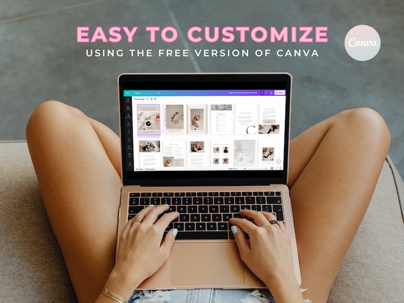 May include: A person using a laptop computer with a Canva design open on the screen. The text on the screen reads "Easy to customize using the free version of Canva".