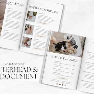 May include: A 20-page letterhead and A4 document with a minimalist design. The document includes sections for package details, helpful resources, more packages, and Q&A. The document features a call to action button and social media icons.