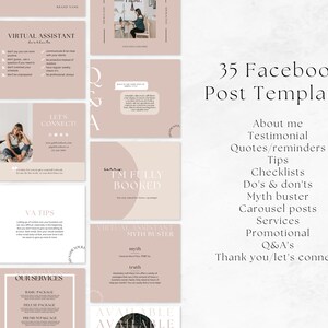 May include: A collection of 35 Facebook post templates for virtual assistants. The templates are designed in a minimalist style with a pink and white color scheme. The text includes phrases like "Virtual Assistant", "Let's Connect", "VA Tips", "Our Services", "I'm Fully Booked", and "Myth Buster".