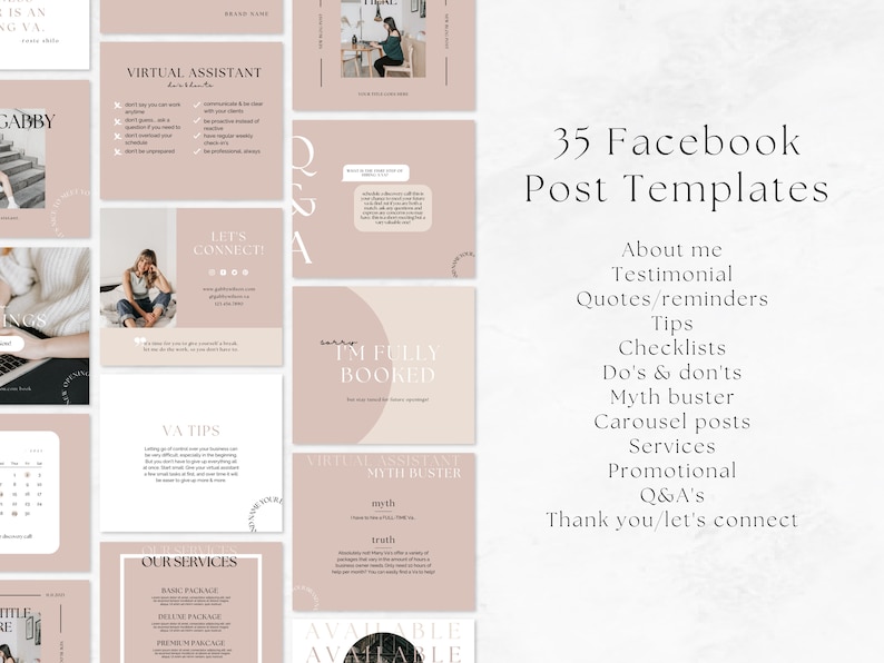 May include: A collection of 35 Facebook post templates for virtual assistants. The templates are designed in a minimalist style with a pink and white color scheme. The text includes phrases like "Virtual Assistant", "Let's Connect", "VA Tips", "Our Services", "I'm Fully Booked", and "Myth Buster".