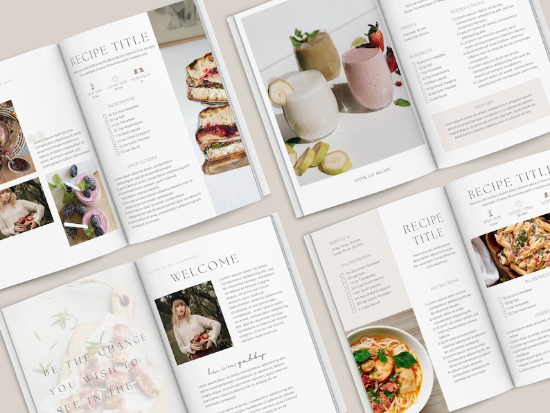 May include: A cookbook with a white background and a minimalist design. The cover features a photo of a woman holding a bowl of fruit. The text "Be the change you wish to see in the world" is printed on the cover. The book also includes recipes for smoothies, salads, and other healthy dishes.