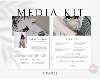 Peut inclure: Un kit média de deux pages avec le titre "MEDIA KIT" en haut. Il présente Gabby Wilson, une influenceuse mode et lifestyle. Le kit comprend des informations sur les services, l'audience et les statistiques clés, avec un logo Canva en bas.