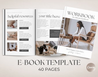 Könnte beinhalten: Eine Workbook-Vorlage mit einem beige-weißen Farbschema. Das Cover zeigt eine Frau, die auf einem Stuhl sitzt und einen Laptop benutzt. Der Text auf dem Cover lautet "WORKBOOK the ultimate handbook". Der Text auf den Innenseiten lautet "helpful resources" und "your title here". Der Text am unteren Rand der Seite lautet "E-BOOK TEMPLATE 40 PAGES".