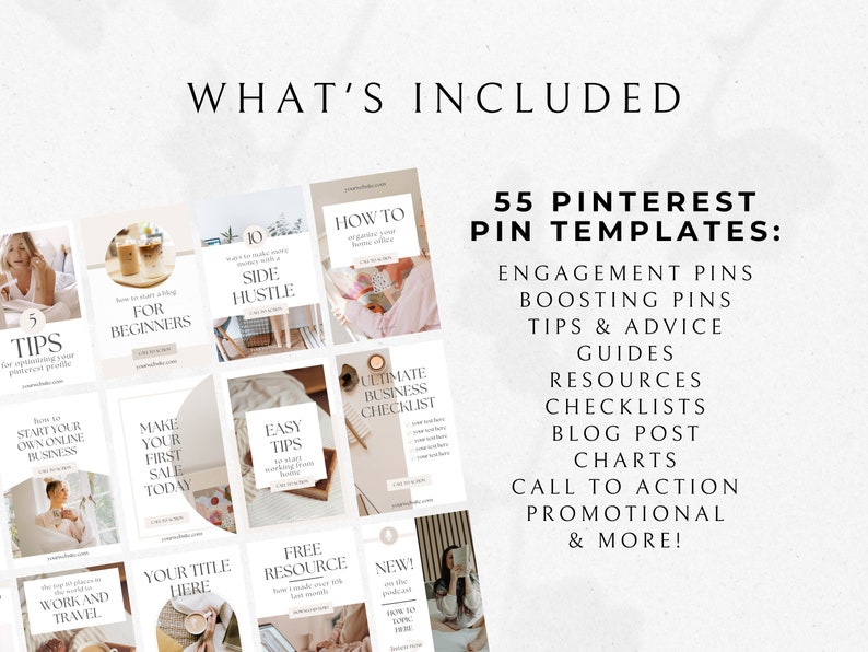 K&ouml;nnte beinhalten: Eine Sammlung von 55 Pinterest-Pin-Vorlagen f&uuml;r Engagement, Steigerung, Tipps, Ratschl&auml;ge, Anleitungen, Ressourcen, Checklisten, Blogbeitr&auml;ge, Diagramme und Handlungsaufforderungen. Die Vorlagen sind im minimalistischen Stil mit einer neutralen Farbpalette gestaltet.