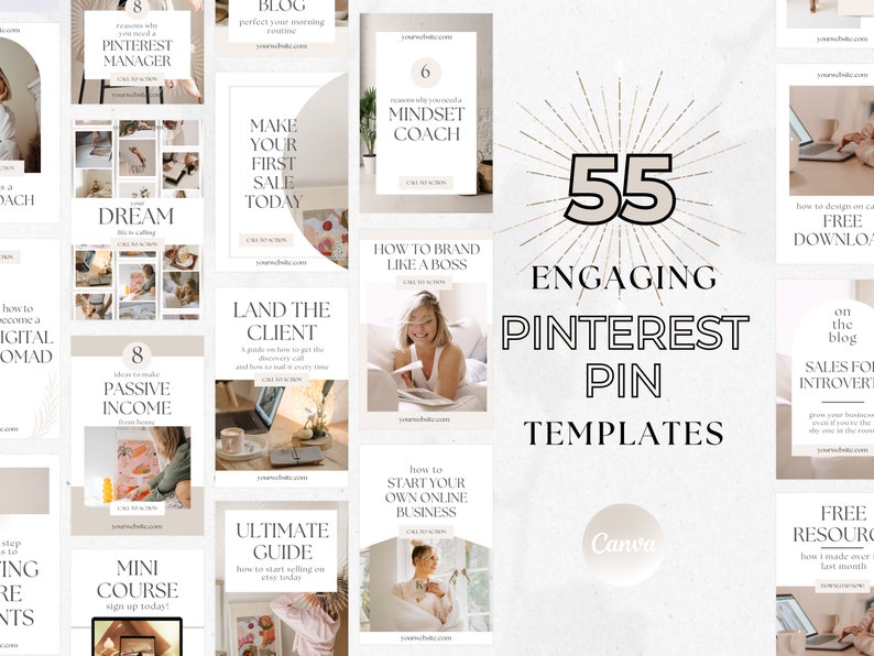 K&ouml;nnte beinhalten: Eine Collage aus 55 Pinterest-Pin-Vorlagen mit beigefarbenem Hintergrund und goldenen Akzenten. Der Text "55 ansprechende Pinterest-Pin-Vorlagen" befindet sich in der Mitte des Bildes. Die Vorlagen behandeln verschiedene Themen, darunter Business, Marketing und pers&ouml;nliche Entwicklung.