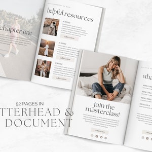 Op de afbeelding: Een tweezijdige spread van een document met een witte achtergrond en zwarte tekst. De linkerpagina heeft een foto van een vrouw die op een pad loopt en de tekst "hoofdstuk &eacute;&eacute;n". De rechterpagina heeft een foto van een vrouw die op een bed zit en de tekst "doe mee met de masterclass!" en "wat we aanbieden". De tekst op de rechterpagina somt vier diensten op met prijzen.