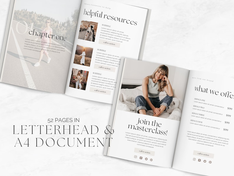 Op de afbeelding: Een tweezijdige spread van een document met een witte achtergrond en zwarte tekst. De linkerpagina heeft een foto van een vrouw die op een pad loopt en de tekst "hoofdstuk &eacute;&eacute;n". De rechterpagina heeft een foto van een vrouw die op een bed zit en de tekst "doe mee met de masterclass!" en "wat we aanbieden". De tekst op de rechterpagina somt vier diensten op met prijzen.