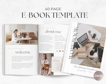 Könnte beinhalten: Eine 40-seitige E-Book-Vorlage mit minimalistischem Design. Das Cover zeigt eine Frau, die an einem Laptop arbeitet, mit einem Buch und einer Kaffeetasse auf einem Tisch. Der Text auf dem Cover lautet "WORKBOOK the ultimate handbook by gabby wilson".