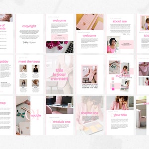 May include: A pink and white digital planner with a table of contents, copyright information, a welcome message, an about me section, a hi there section, a meet the team section, a this is your moment section, a roadmap section, a module one section, a chapter one section, a your title section, and an our title section.