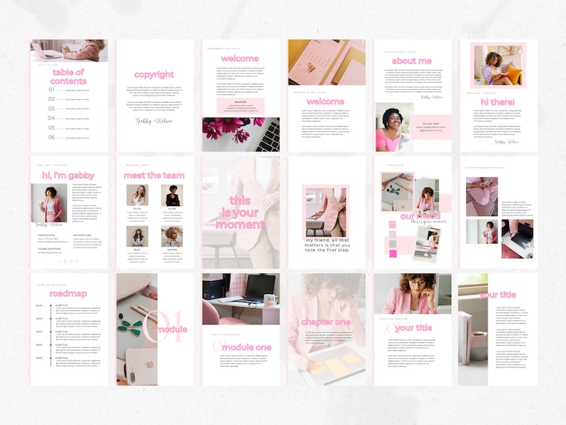May include: A pink and white digital planner with a table of contents, copyright information, a welcome message, an about me section, a hi there section, a meet the team section, a this is your moment section, a roadmap section, a module one section, a chapter one section, a your title section, and an our title section.