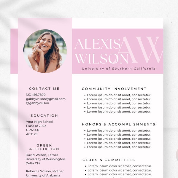 Sorority Resume Template, Sorority Recruitment, Resume With Photo, Rush Resume Template, Sorority Template, Sorority Resume and Cover Letter