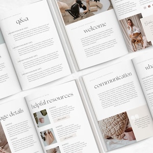 May include: A mockup of a business brochure with pages showing different sections, including "Billing Terms", "Q&A", "Welcome", "Helpful Resources", "Communication", "Package Details", and "What's Next". The brochure has a minimalist design with a neutral color palette.
