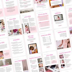 May include: A pink and white digital marketing template with text that includes "your title", "checklist", "join our course", "what we offer", "testimonial", "more packages", "helpful resources", "your title", "frequently asked questions", and "Q&A".