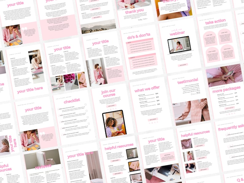 May include: A pink and white digital marketing template with text that includes "your title", "checklist", "join our course", "what we offer", "testimonial", "more packages", "helpful resources", "your title", "frequently asked questions", and "Q&A".