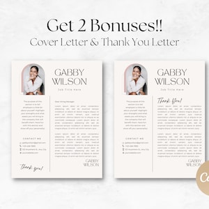 Puede incluir: Dos plantillas de carta de presentaci&oacute;n blancas con un arco rosa y una foto de una mujer. El texto dice "Get 2 Bonuses!! Cover Letter & Thank You Letter" y "Gabby Wilson Job Title Here" con informaci&oacute;n de contacto y el texto "Thank you!"