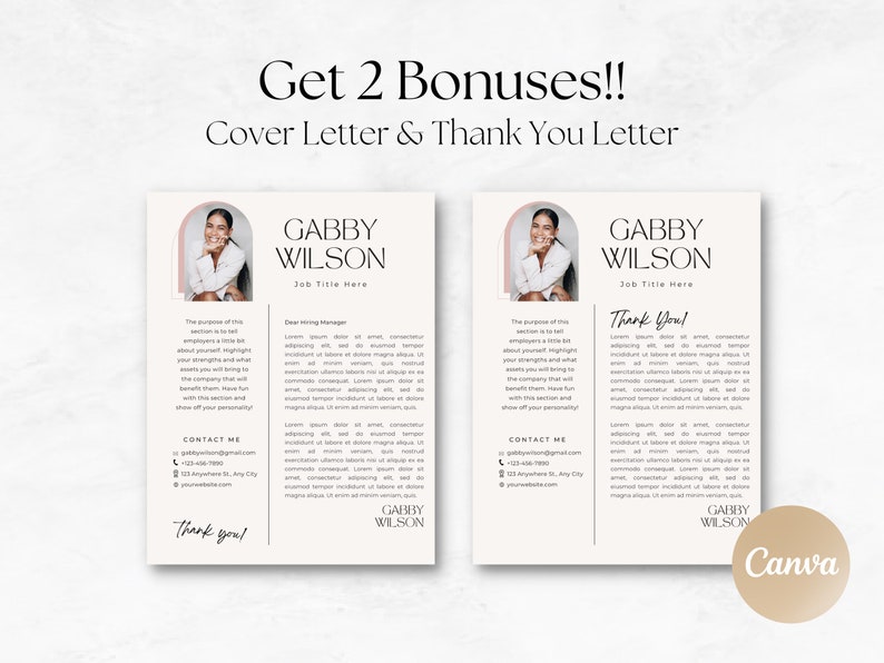 Puede incluir: Dos plantillas de carta de presentaci&oacute;n blancas con un arco rosa y una foto de una mujer. El texto dice "Get 2 Bonuses!! Cover Letter & Thank You Letter" y "Gabby Wilson Job Title Here" con informaci&oacute;n de contacto y el texto "Thank you!"