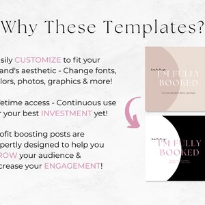 May include: Two social media post templates with a pink and black color scheme. The text on both templates reads "Sorry, I'm fully booked".