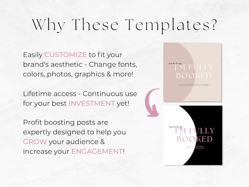 May include: Two social media post templates with a pink and black color scheme. The text on both templates reads "Sorry, I'm fully booked".
