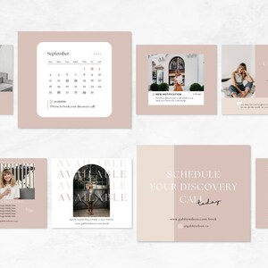 May include: A set of social media graphics for a virtual assistant business. The graphics feature a calendar, a schedule for a discovery call, a list of services, and a call to action to connect. The graphics are in a minimalist style with a pink and white color scheme.