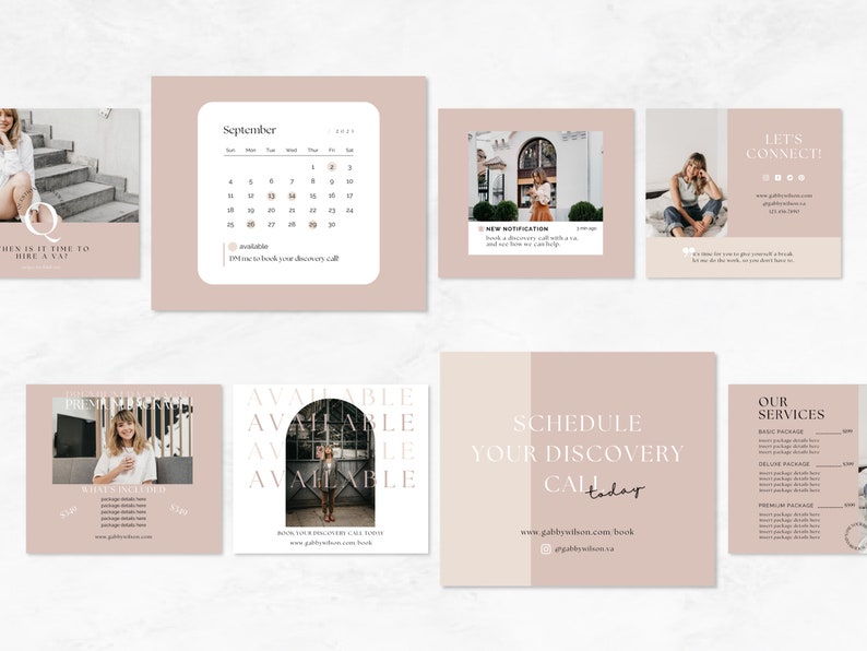 May include: A set of social media graphics for a virtual assistant business. The graphics feature a calendar, a schedule for a discovery call, a list of services, and a call to action to connect. The graphics are in a minimalist style with a pink and white color scheme.