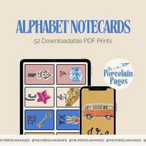 May include: Digital alphabet notecards displayed on a tablet and phone. The tablet shows various illustrated cards with letters and images. The phone displays an orange and white van. The text reads "ALPHABET NOTECARDS" and "52 Downloadable PDF Prints".