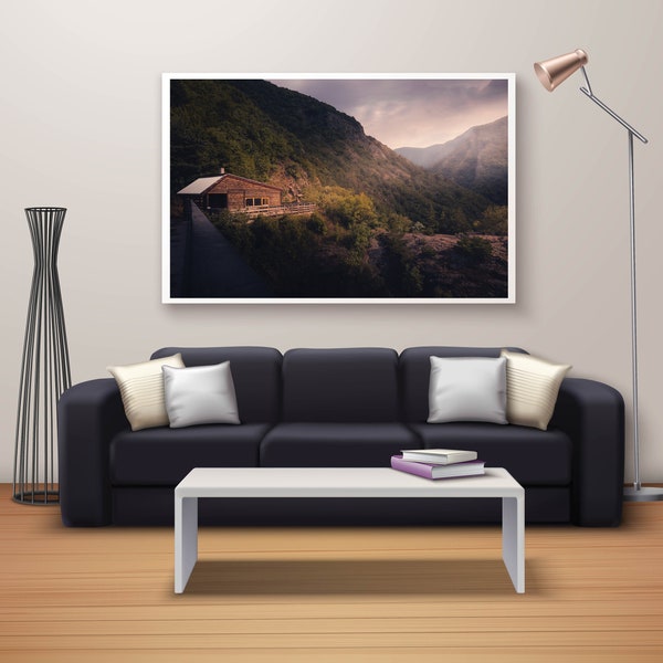 Mountain Print, Wall Art, Landscape Photography, Green Decor, Mountain Photography, Digital Download, Mountain Range, Wooden Hut,Forest