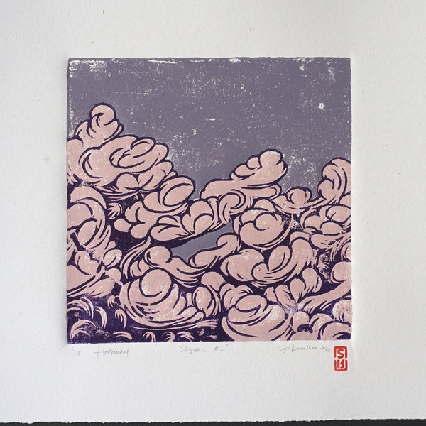 Skyverse #3 - Flamingo cloud on the mauve sky woodcut printmaking
