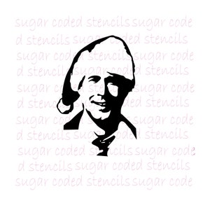 May include: Black and white silhouette of a man wearing a Santa hat. The man is smiling and looking to the right.