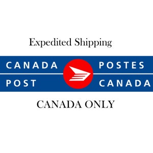 Peut inclure: Fond blanc avec les mots « Expédition Accélérée » au-dessus d'un rectangle bleu. Le rectangle contient les mots « CANADA POSTE » et « POSTES CANADA » avec un cercle rouge et un logo de flèche blanche.
