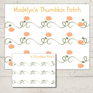 May include: A printable sheet with a white background and a repeating pattern of orange flowers with green leaves and vines. The text "Madelyn's Thumbkin Patch" is at the top of the sheet. A smaller sheet with the text "'s Thumbkin Patch" is in the lower right corner.
