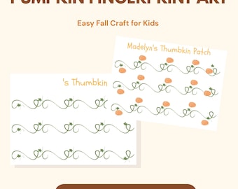 May include: A digital download for pumpkin fingerprint art featuring two white sheets with green vine illustrations. One sheet reads 's Thumbkin and the other Madelyn's Thumbkin Patch with orange fingerprint pumpkins. Includes text: PUMPKIN FINGERPRINT ART, Easy Fall Craft for Kids, DIGITAL DOWNLOAD • PRINT AT HOME.