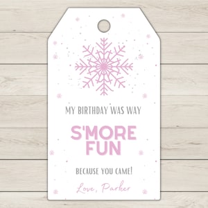 Winter Onederland Gift Tags Snowflake Birthday Thank You S&#39;more Fun Favor Tag Pink Silver glitter Girl 1st Editable Printable Download
