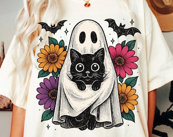 Retro Halloween Ghost And Cat Png, Preppy Floral Halloween Png, Spooky Ghost Png, Boo Halloween Png, Funny Halloween Png, Black Cat Png