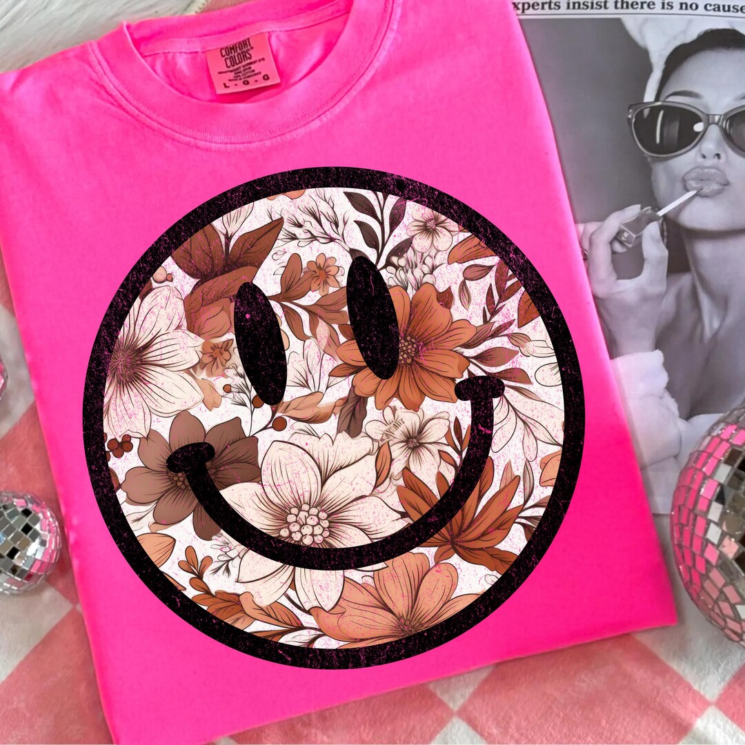 Floral Smiley Face PNG | Boho Retro Flower Smile Sublimation Design ...