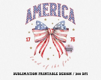 America 1776 PNG, Patriotic Bow Sublimation, 4th of July Shirt Design, Land of the Free Printable, USA Independence Day Clipart