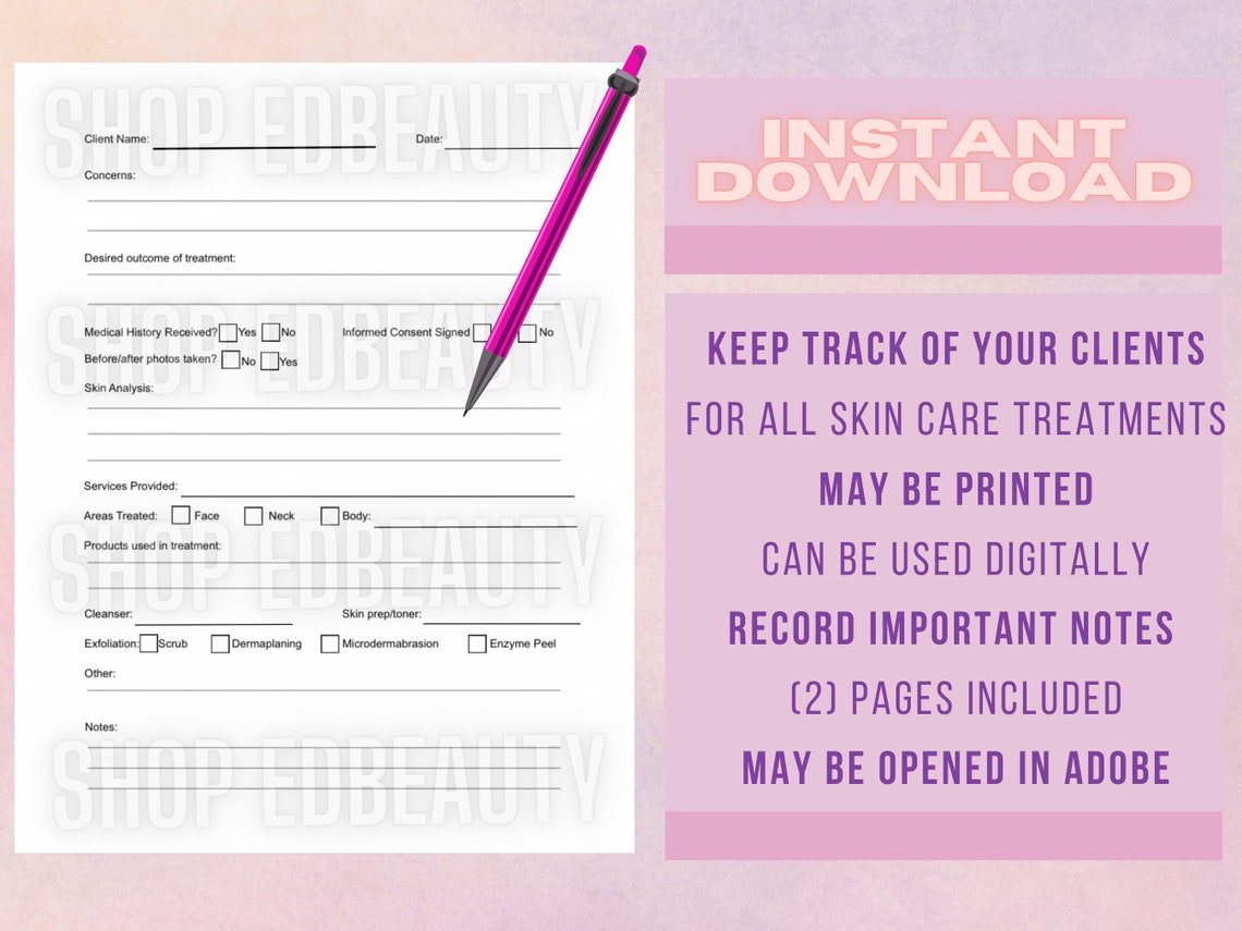 Skin Care Treatment Form Esthetician Client History Form Chemical Peel