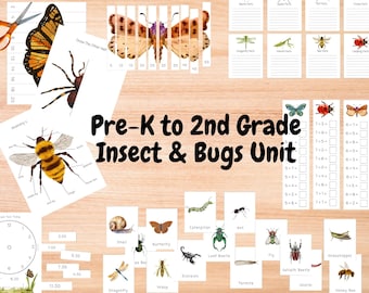 Unidad de insectos y bichos de prekínder a segundo grado, práctica de matemáticas, decir la hora, hermosas ilustraciones, imprimibles de la naturaleza, estudio de la naturaleza en la escuela en casa