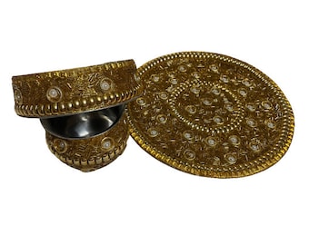 Traditional Karwachauth Puja Thali Set Diwali Pooja Steel Thali Set 3 Items - Thali/ Plate, Kalash/Lota, Chalni Diwali Puja Golden Thali Set