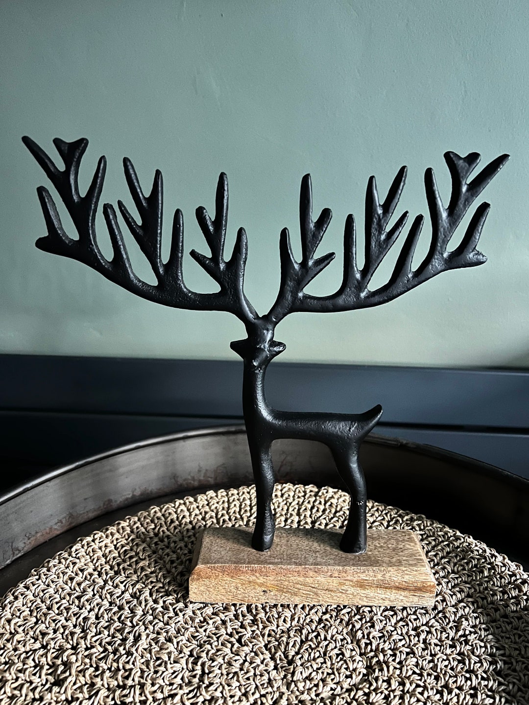 Black Metal Reindeer on Wood Base Etsy UK