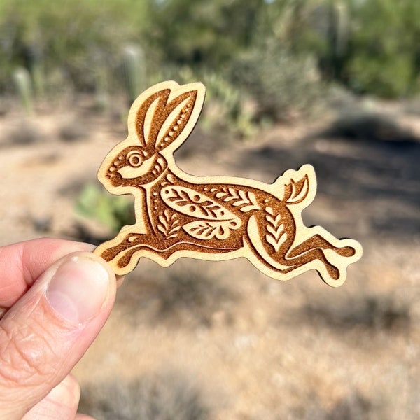 Folk Rabbit Engraved Wooden Lapel Pin, Eco Friendly Laser Engraved Pin back button