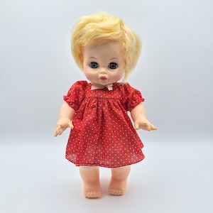 Vintage 1972 Horsman Baby Doll – Drink & Wet, Sleepy Eyes – Red Polka Dot Dress