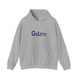 May include: A light gray hoodie with a front pocket and drawstring hood. The word "Gators" is printed across the chest in blue with an orange outline. The sweatshirt is made of a soft, comfortable material.