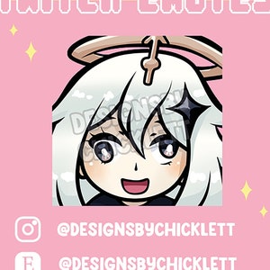 May include: A digital illustration of a cartoon character with white hair, a halo, and a black and white outfit. The character is smiling and has a happy expression. The background is pink with yellow accents. The text "Twitch Emotes" is at the top of the image. The text "@DesignsByChicklett" is at the bottom of the image.