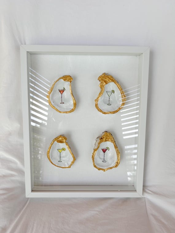 Decoupage Oyster Shell Shadow Box - Bar Cart Art - Martini Decoupage Oyster Shells