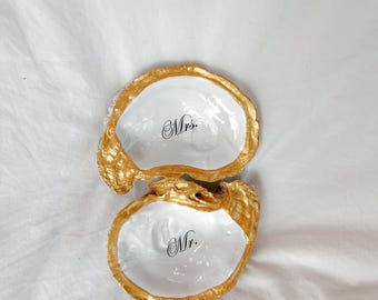 Bride and Groom Oyster Shell Ring Holders: Pearl White, Gold Edge - Wedding Gift
